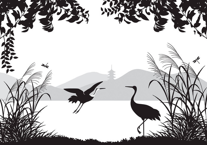 Asian Landscape Wallpaper with Herons Brushes Pack Asian Landscape Wallpaper with Herons Brushes Pack