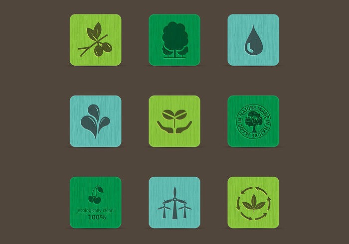 Eco Nature Icons on Colored Wood PSD Set Eco Nature Icons on Colored Wood PSD Set