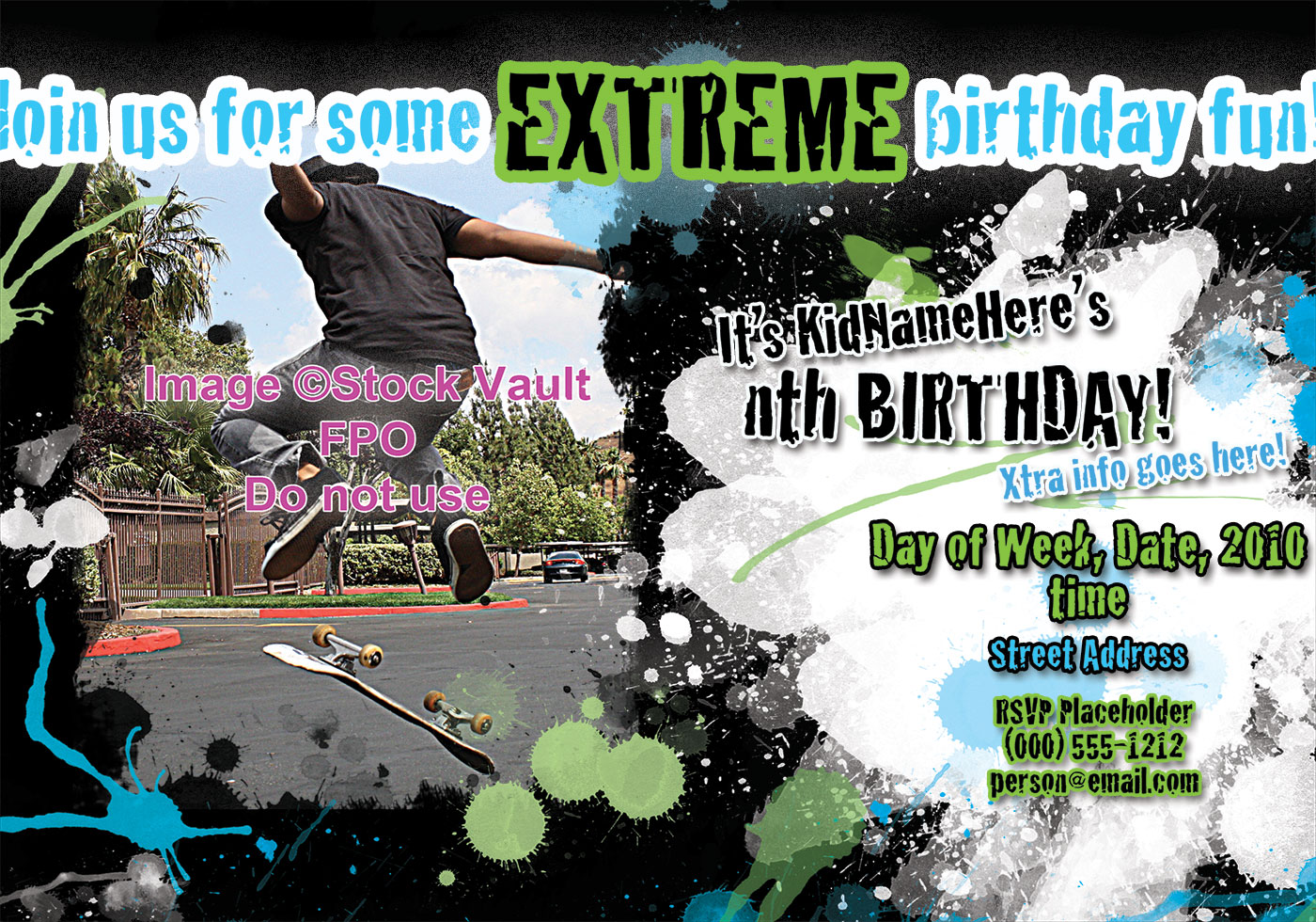 5.5 x 8.5 Extreme Birthday party invitation Free Brushes at