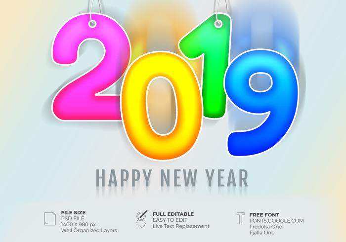 Simple tarjeta de felicitación feliz año nuevo 2019 plantilla de efecto de texto