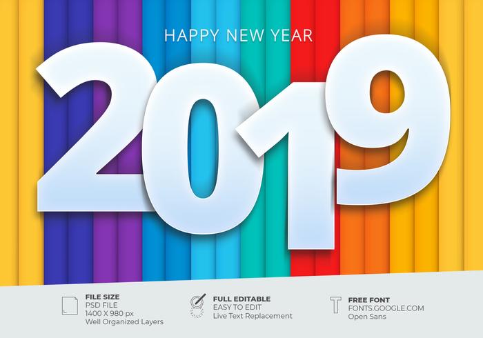 Nueva tarjeta de felicitaciones feliz 2019 con fondo colorido plantilla de diseño